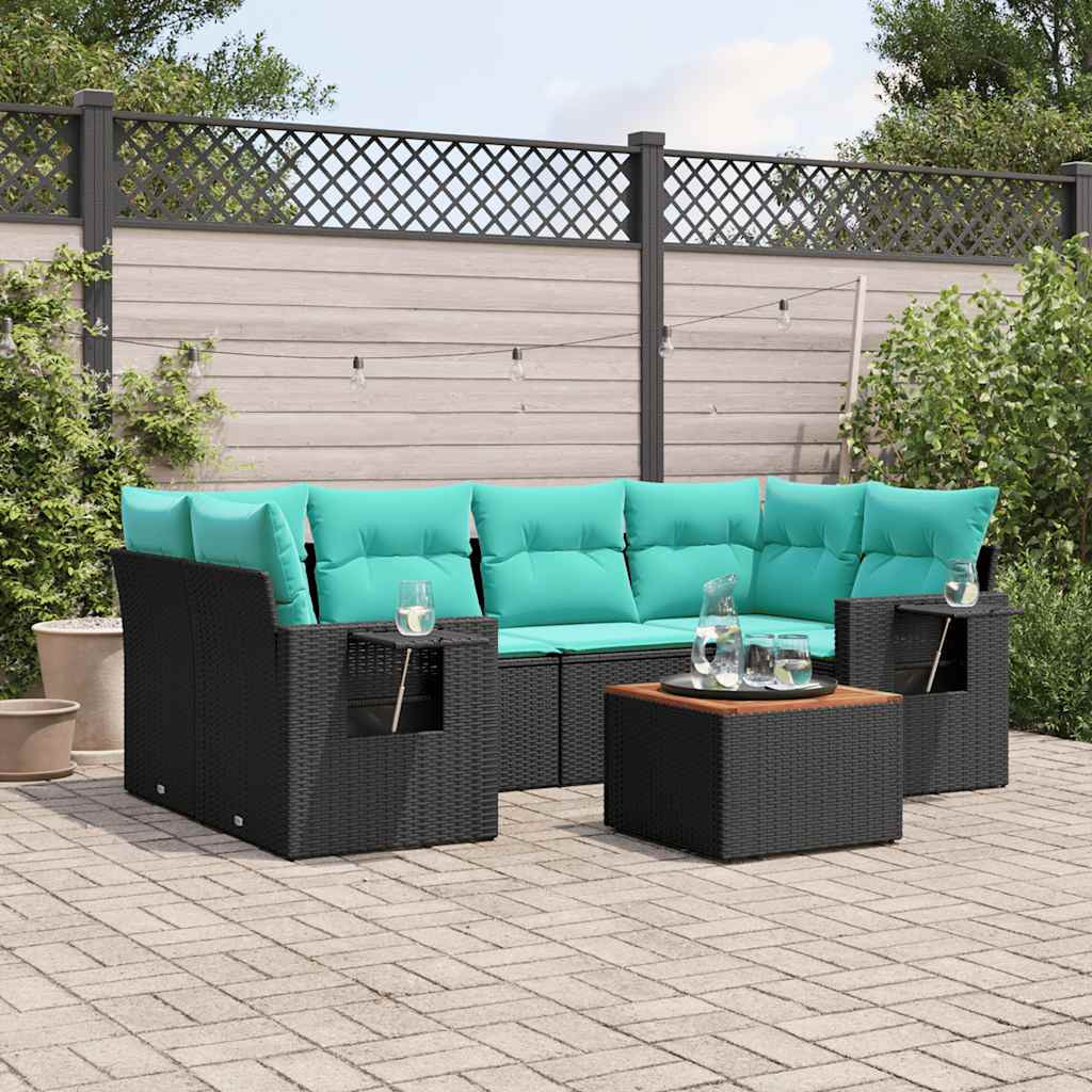vidaXL 7-teiliges Gartensofa-Set mit Kissen, schwarzes Polyrattan