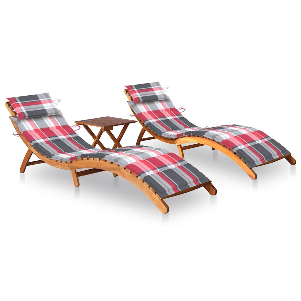 vidaXL Sonnenliegen 2 Stk. mit Tisch und Auflagen Massivholz Akazie