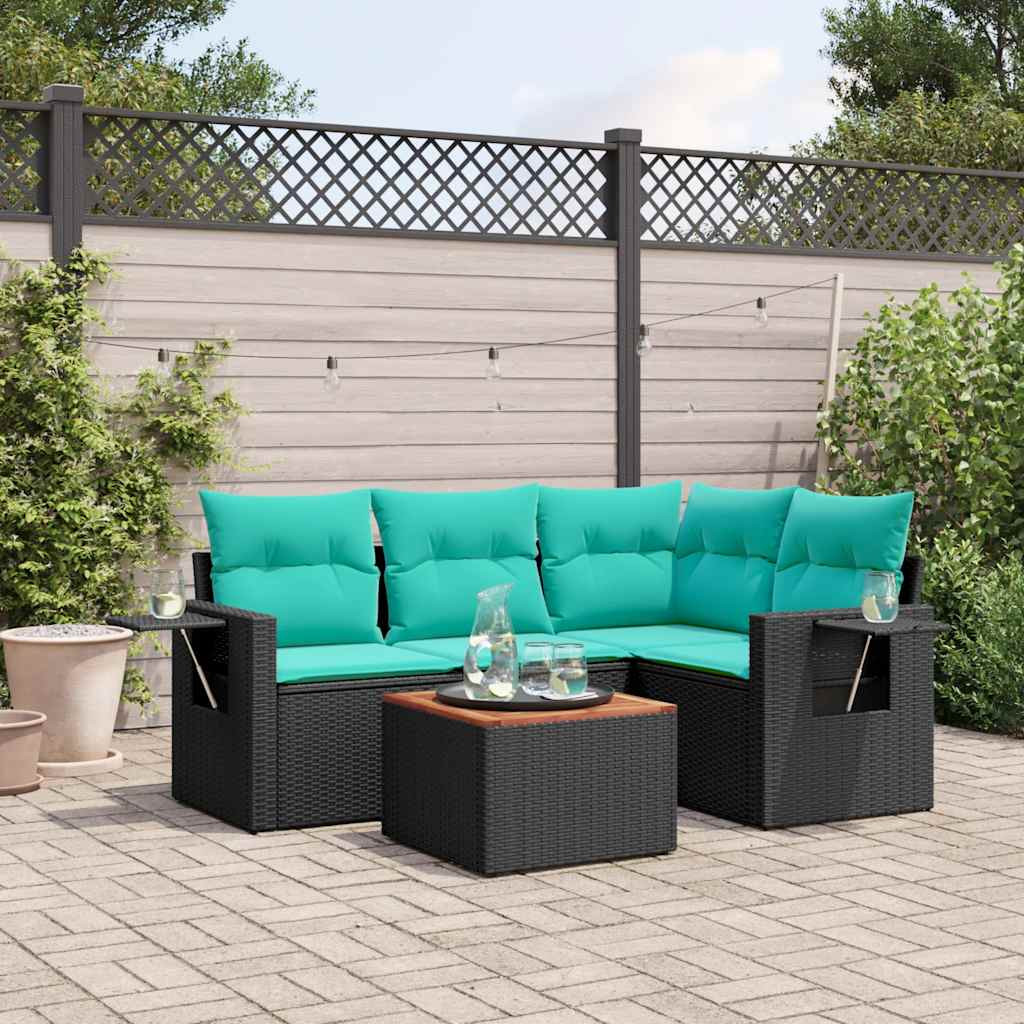 vidaXL 5-teiliges Gartensofa-Set mit Kissen, schwarzes Polyrattan