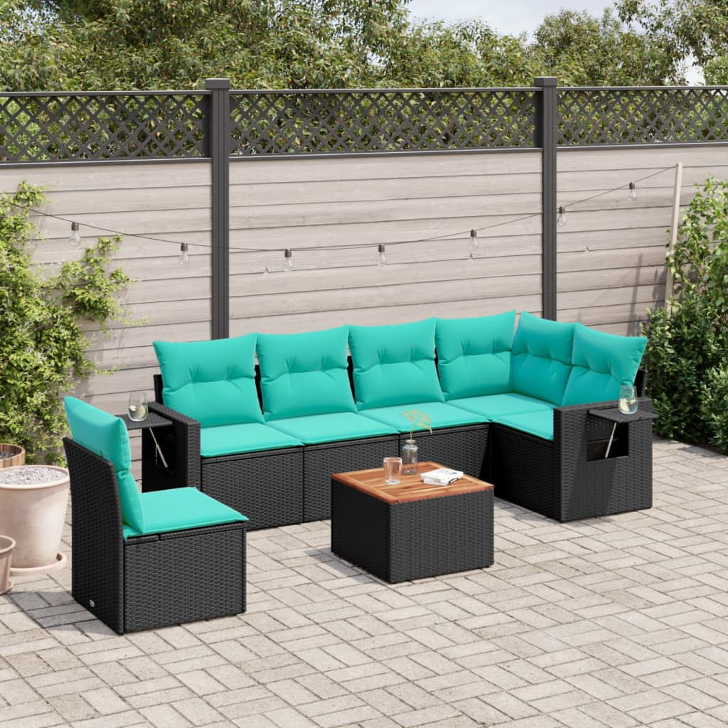 vidaXL 7-teiliges Gartensofa-Set mit Kissen, schwarzes Polyrattan