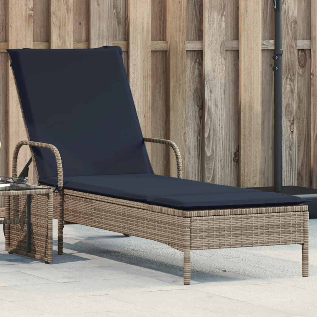 vidaXL Sonnenliege mit Rollen und Kissen Grau Poly Rattan