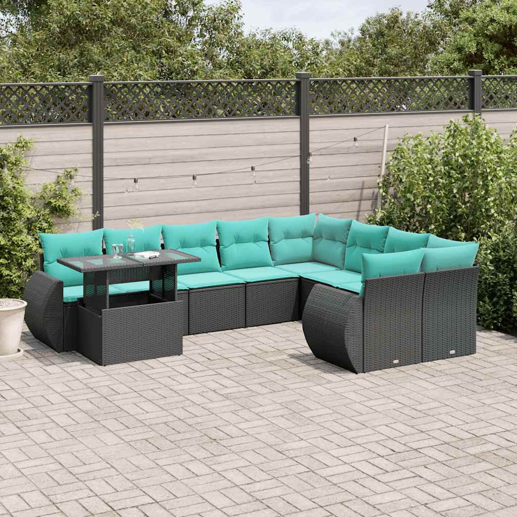 vidaXL 10-teiliges Gartensofa-Set mit Kissen, schwarzes Polyrattan