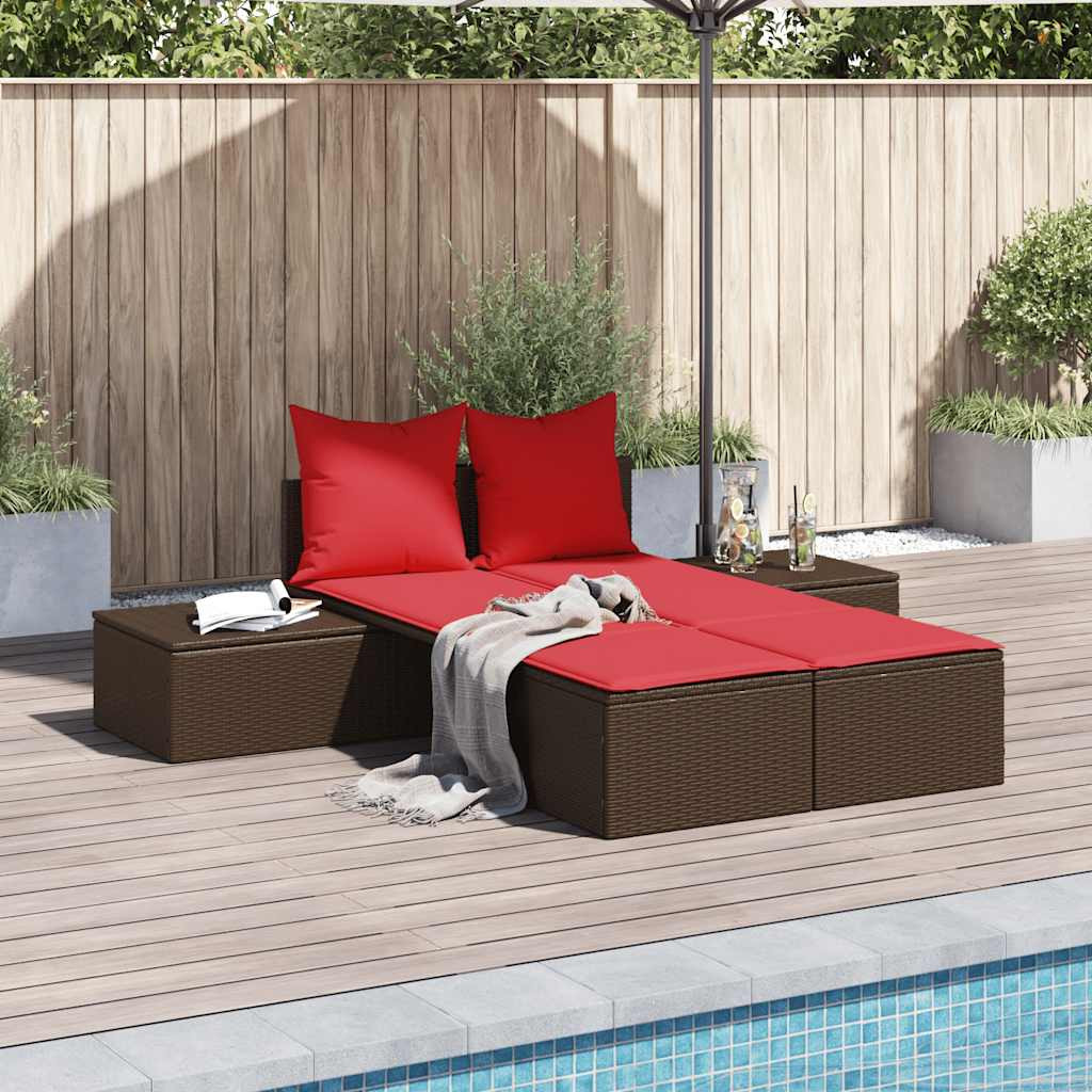 vidaXL Doppelte Sonnenliege mit Kissen Braun Poly Rattan