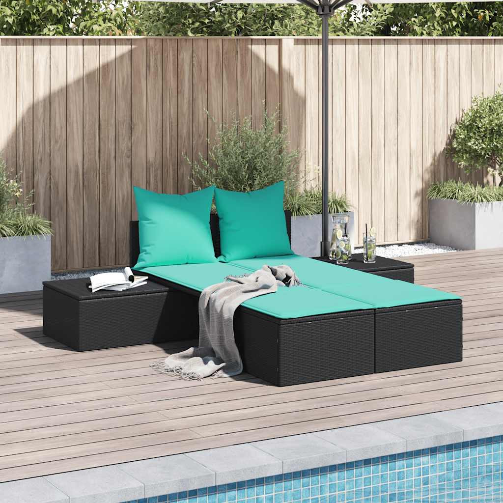 vidaXL Doppelte Sonnenliege mit Kissen Schwarz Poly Rattan