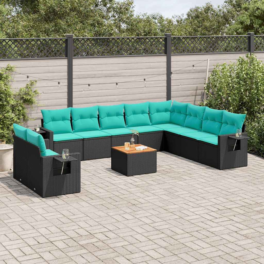 vidaXL 11-teiliges Gartensofa-Set mit Kissen, schwarzes Polyrattan