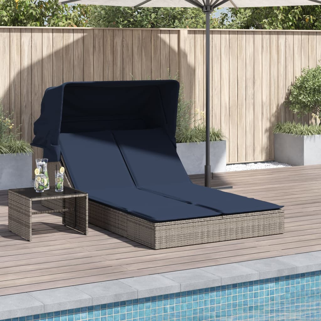 vidaXL Doppelte Sonnenliege mit Baldachin und Kissen, grau, Polyrattan