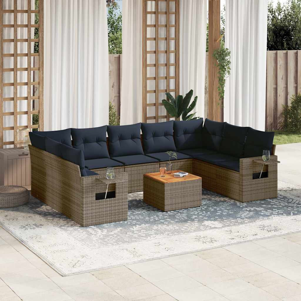vidaXL 10-teiliges Gartensofa-Set mit Kissen, grau, Polyrattan
