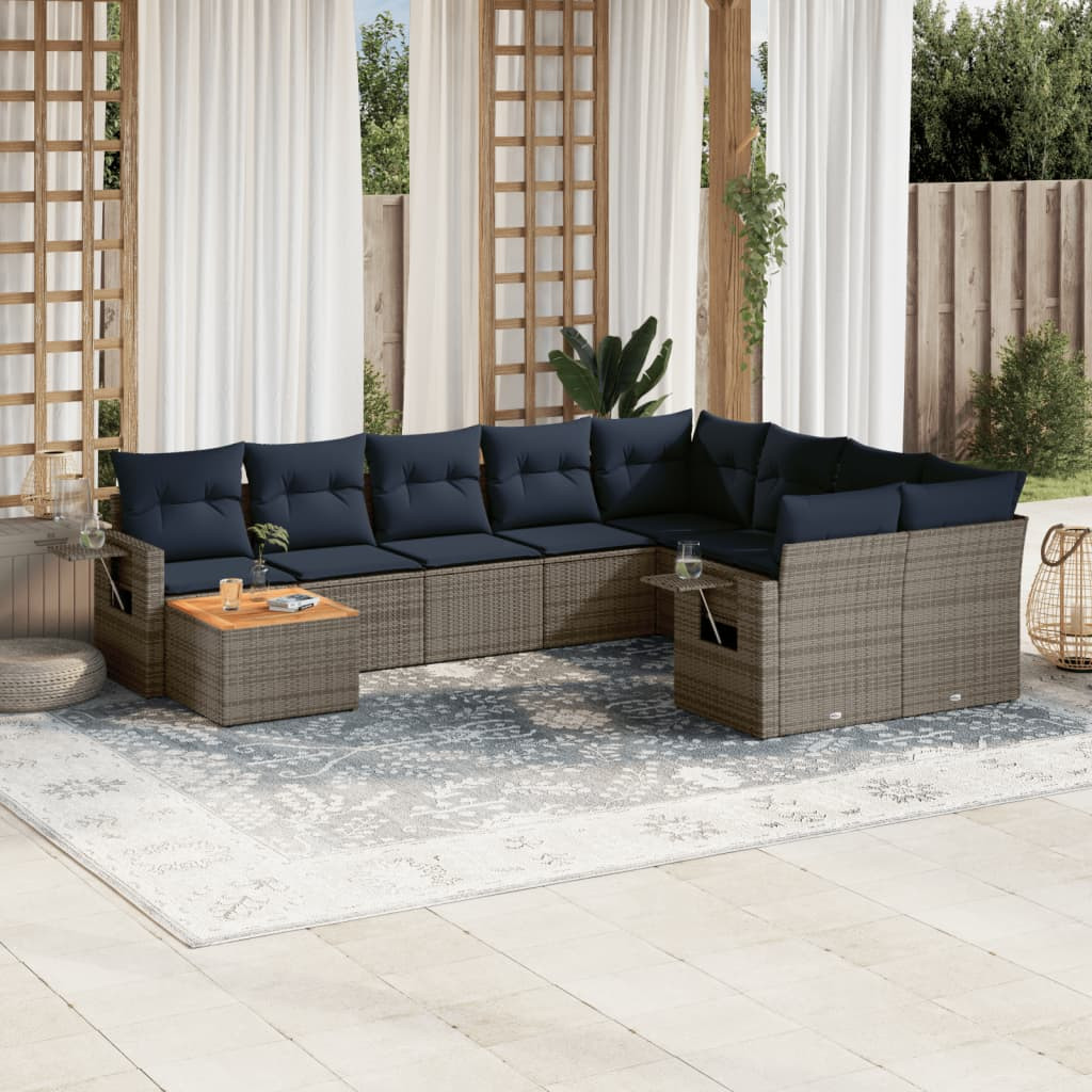 vidaXL 10-teiliges Gartensofa-Set mit Kissen, grau, Polyrattan