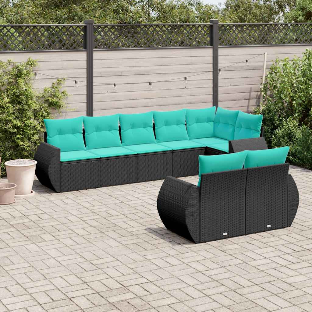 vidaXL 8-teiliges Gartensofa-Set mit Kissen, schwarzes Polyrattan