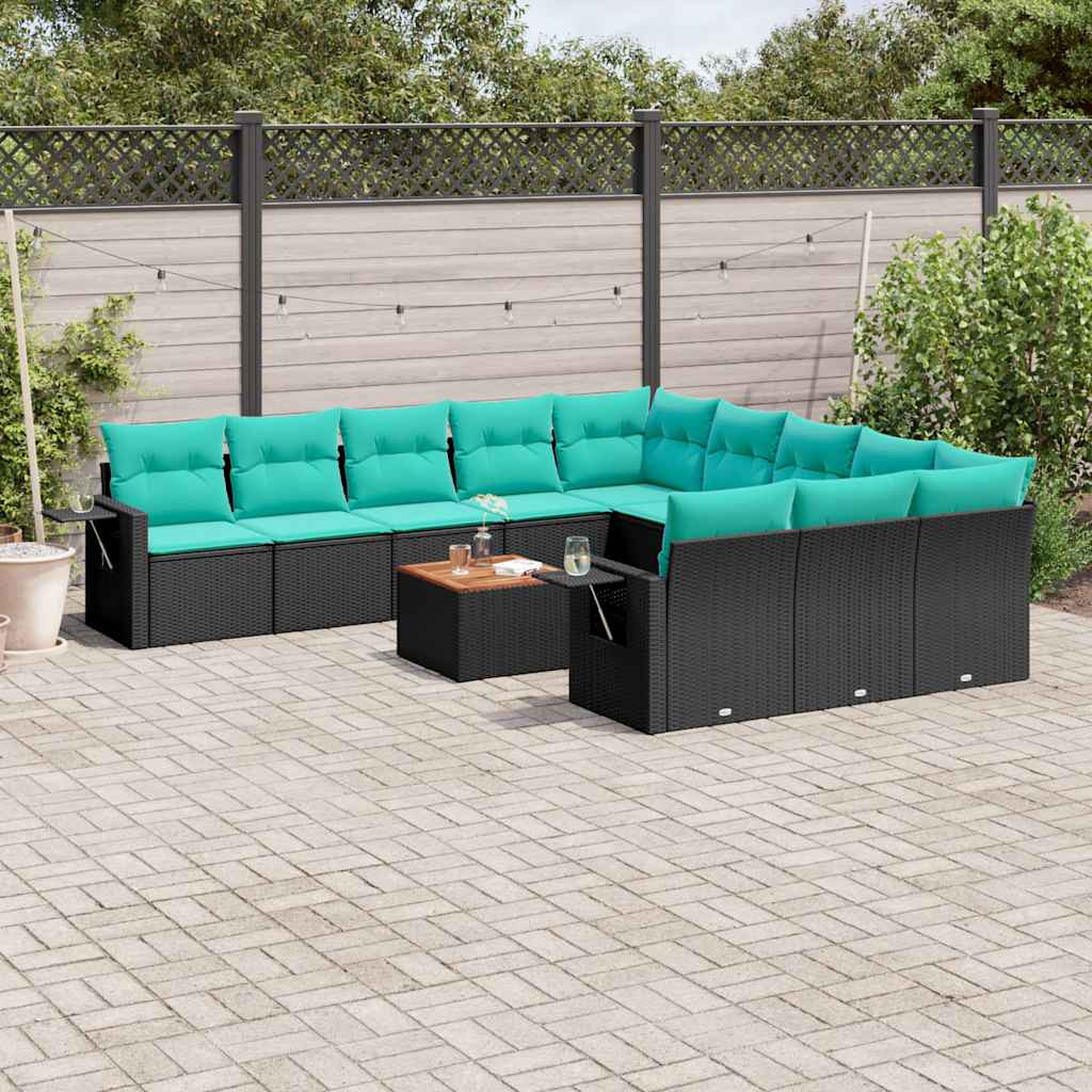 vidaXL 12-teiliges Gartensofa-Set mit Kissen, schwarzes Polyrattan