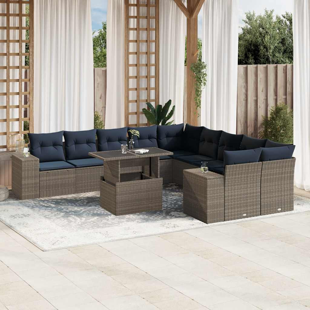 vidaXL 11-teiliges Gartensofa-Set mit Kissen, grau, Polyrattan