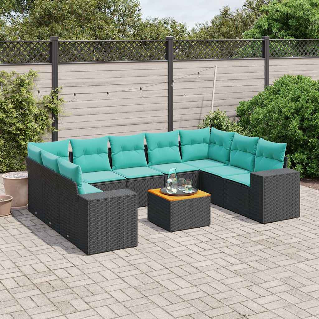 vidaXL 10-teiliges Gartensofa-Set mit Kissen, schwarzes Polyrattan
