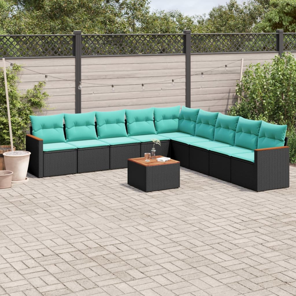 vidaXL 10-teiliges Gartensofa-Set mit Kissen, schwarzes Polyrattan