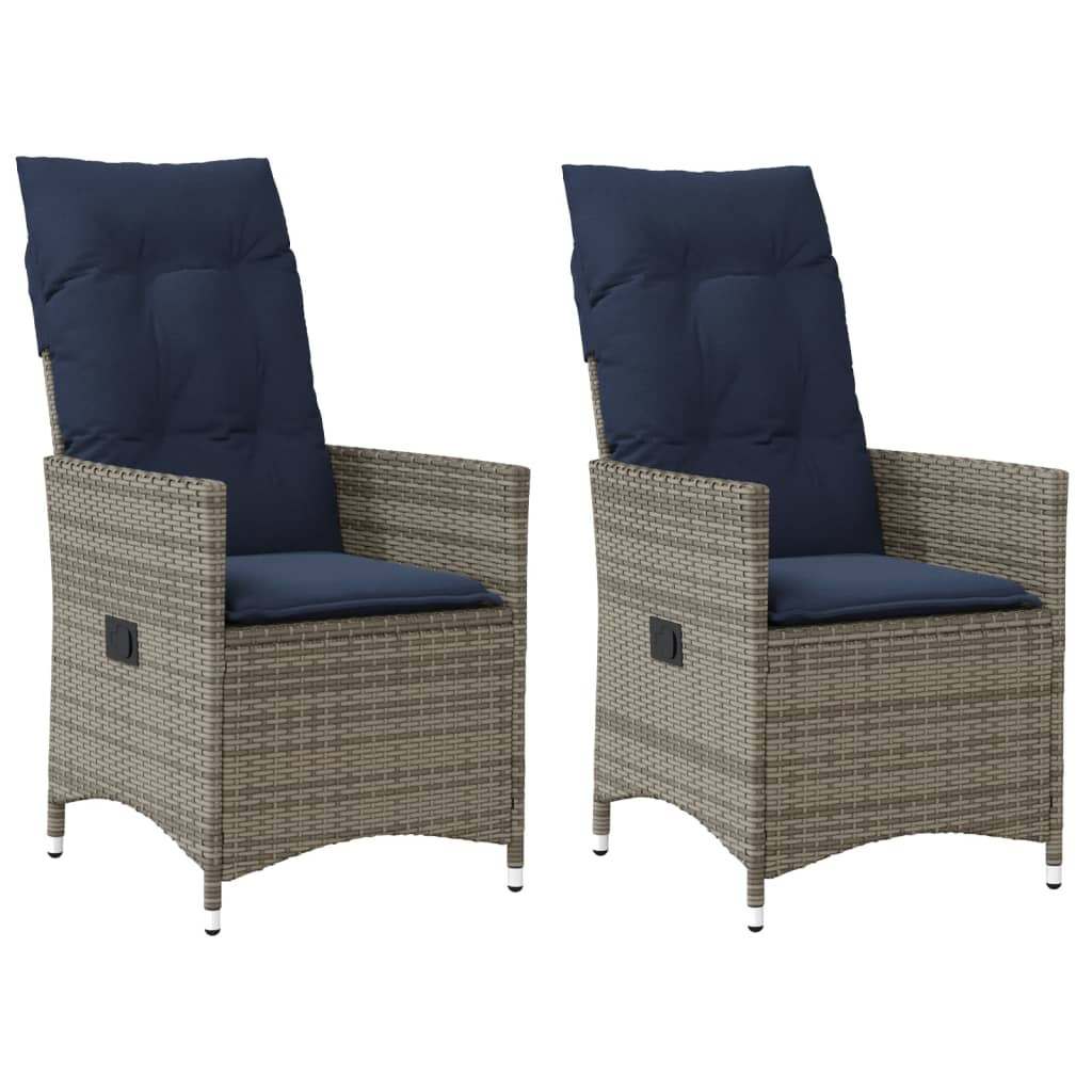 vidaXL Gartenstühle Verstellbar 2 Stk. mit Kissen Grau Poly Rattan
