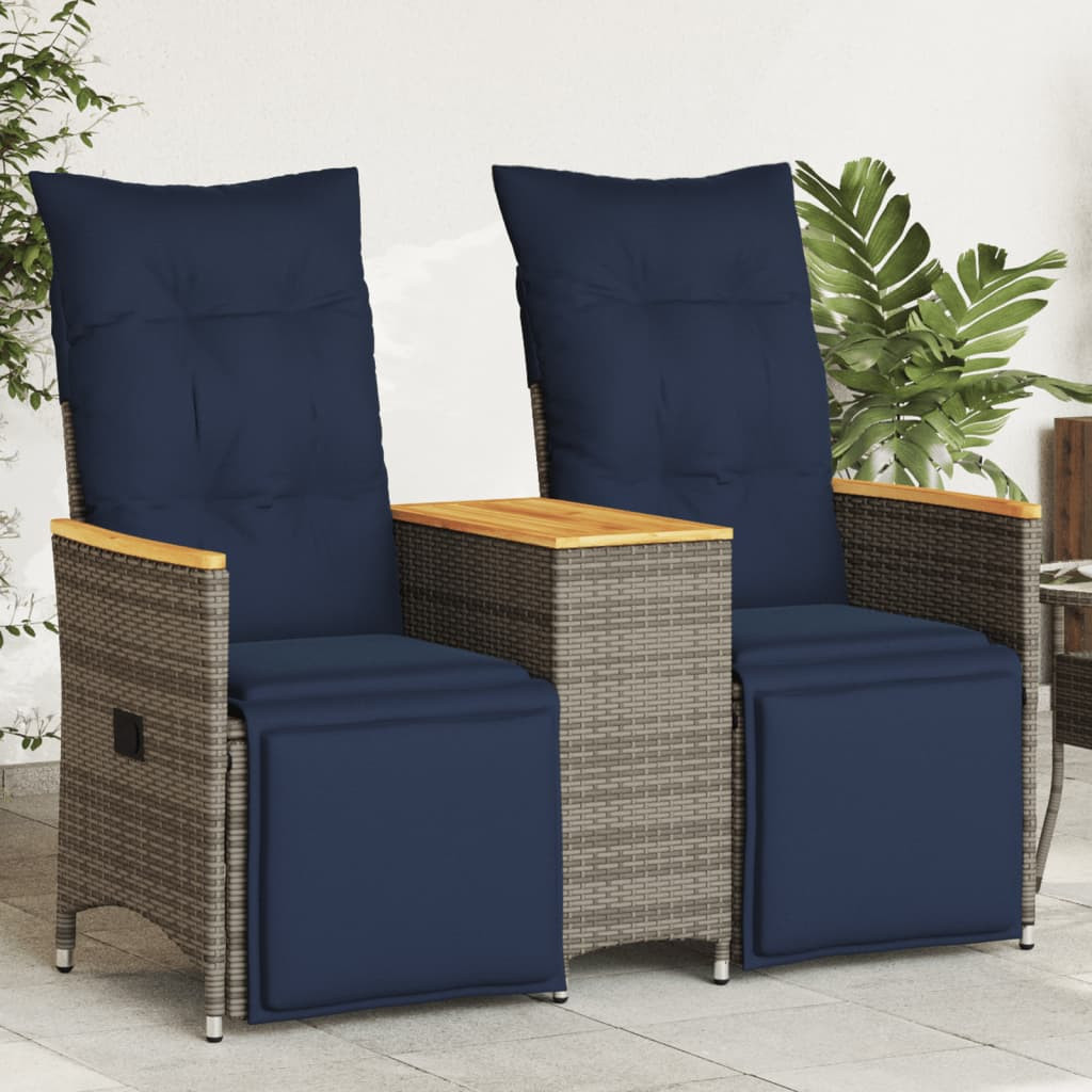 vidaXL Gartensofa Verstellbar 2-Sitzer mit Tisch Grau Poly Rattan