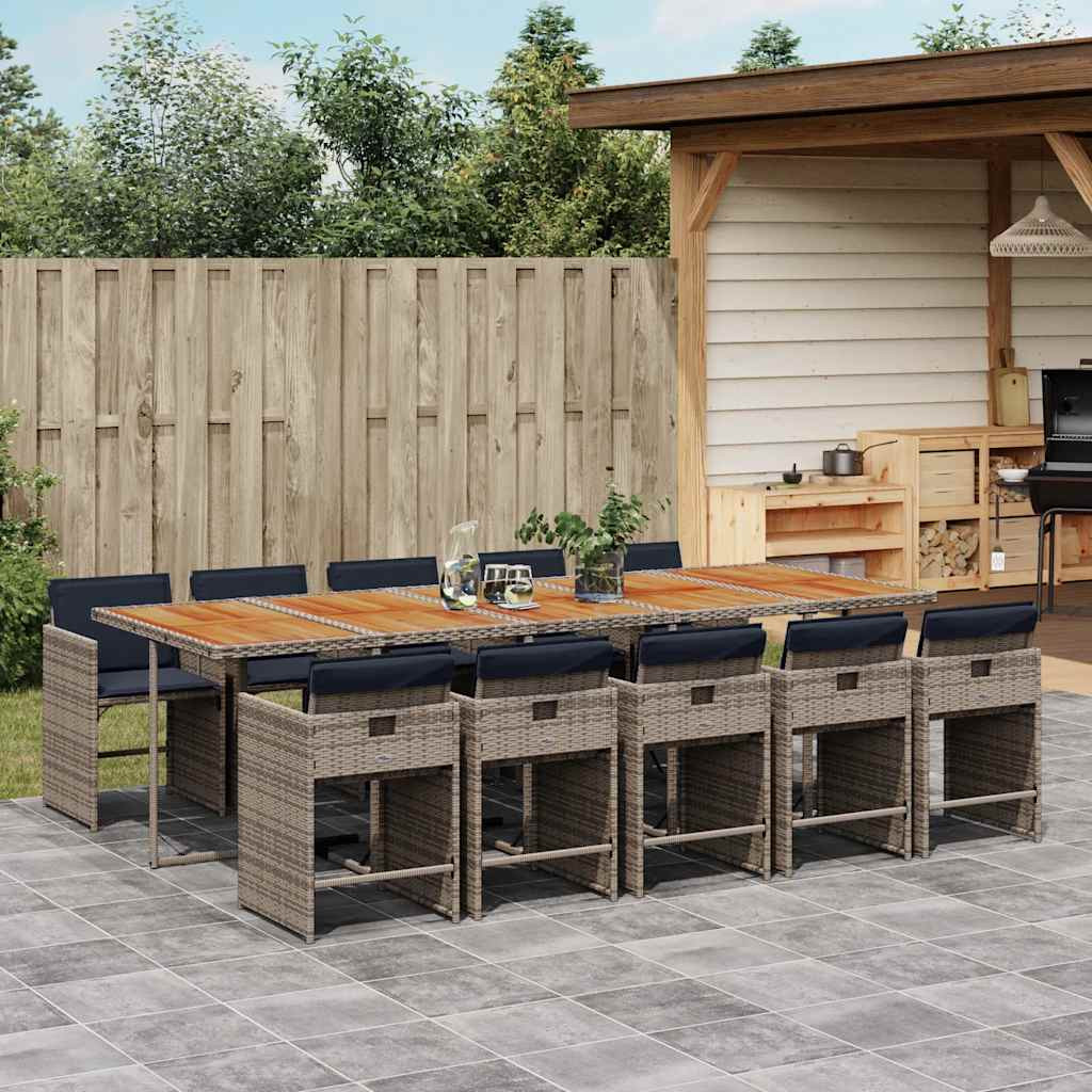 vidaXL 11-teiliges Garten-Ess-Set mit Kissen, grau, Polyrattan