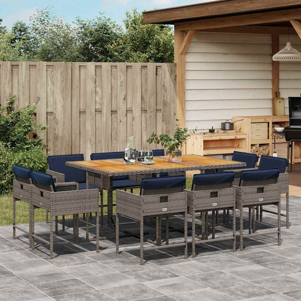 vidaXL 11-teiliges Garten-Ess-Set mit Kissen, grau, Polyrattan