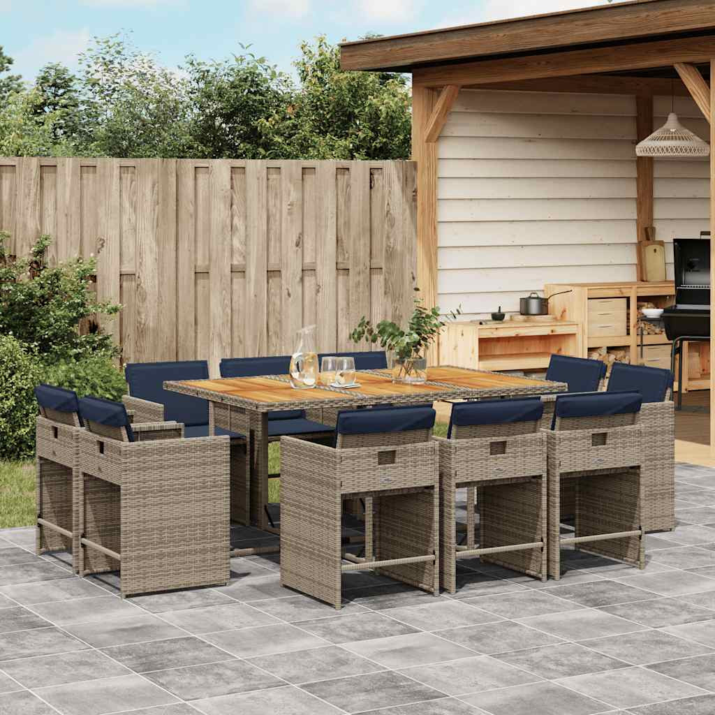 vidaXL 11-teiliges Garten-Ess-Set mit Kissen, grau, Polyrattan