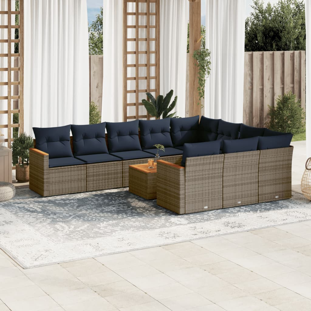 vidaXL 11-teiliges Gartensofa-Set mit Kissen, grau, Polyrattan