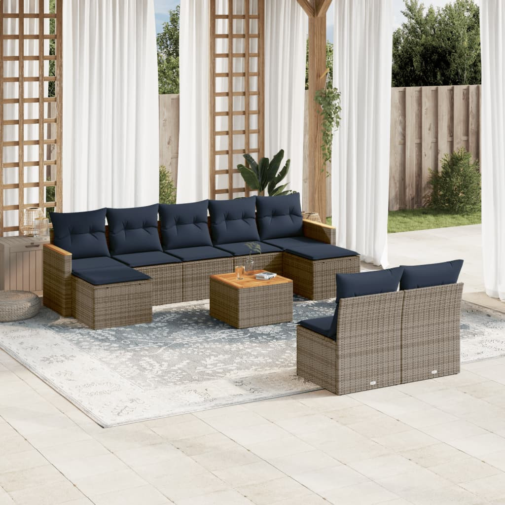 vidaXL 10-teiliges Gartensofa-Set mit Kissen, grau, Polyrattan