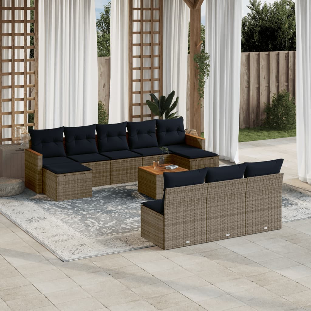 vidaXL 11-teiliges Gartensofa-Set mit Kissen, grau, Polyrattan