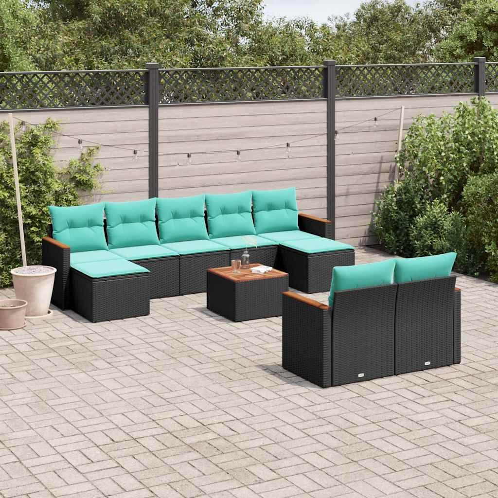 vidaXL 10-teiliges Gartensofa-Set mit Kissen, schwarzes Polyrattan