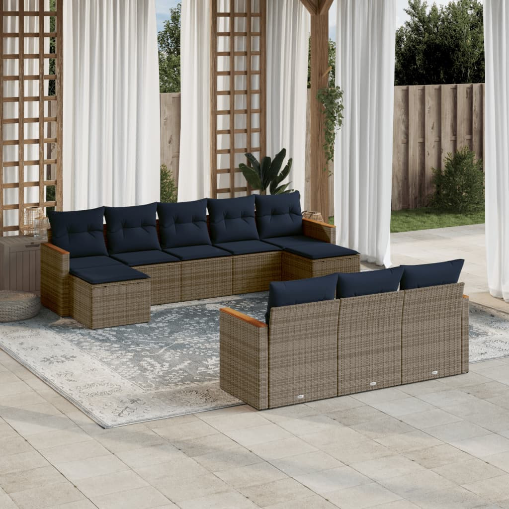 vidaXL 10-teiliges Gartensofa-Set mit Kissen, grau, Polyrattan