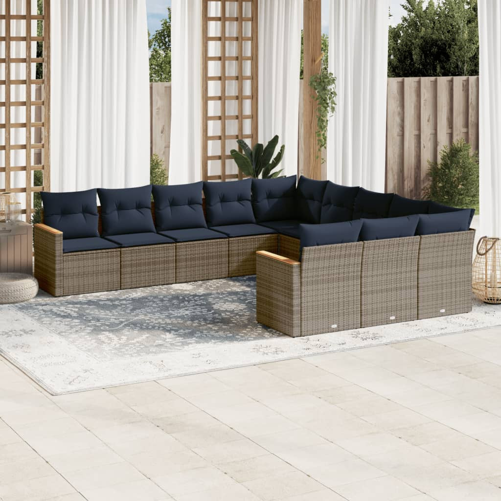 vidaXL 11-teiliges Gartensofa-Set mit Kissen, grau, Polyrattan