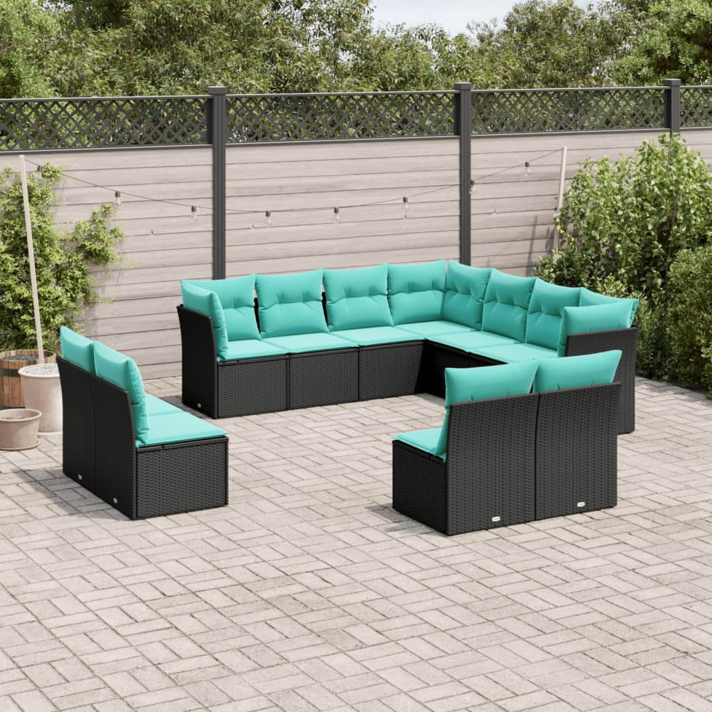 vidaXL 11-teiliges Gartensofa-Set mit Kissen, schwarzes Polyrattan