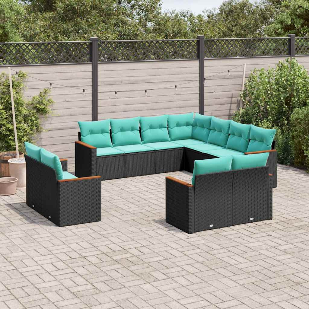 vidaXL 11-teiliges Gartensofa-Set mit Kissen, schwarzes Polyrattan