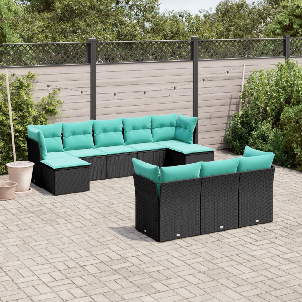 vidaXL 10-teiliges Gartensofa-Set mit Kissen, schwarzes Polyrattan
