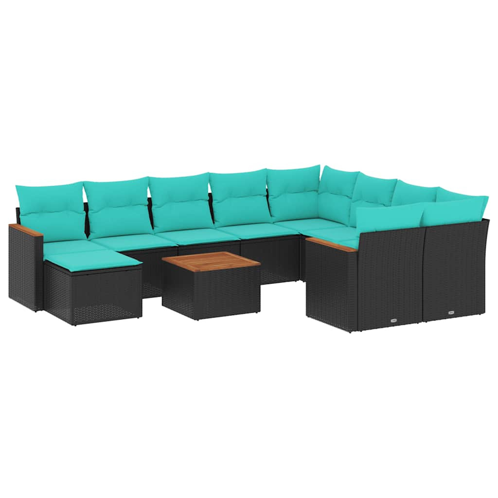 vidaXL 11-teiliges Gartensofa-Set mit Kissen, schwarzes Polyrattan