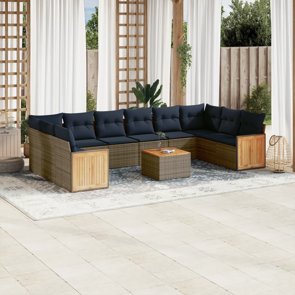 vidaXL 11-teiliges Gartensofa-Set mit Kissen, grau, Polyrattan