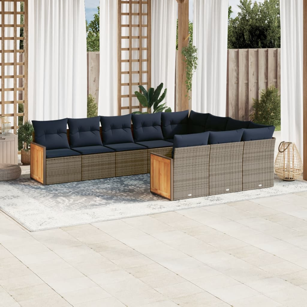 vidaXL 10-teiliges Gartensofa-Set mit Kissen, grau, Polyrattan