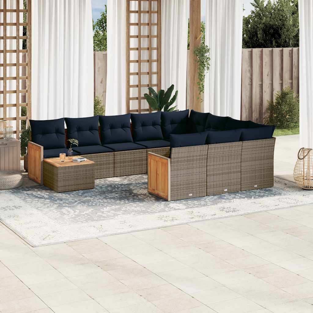 vidaXL 11-teiliges Gartensofa-Set mit Kissen, grau, Polyrattan