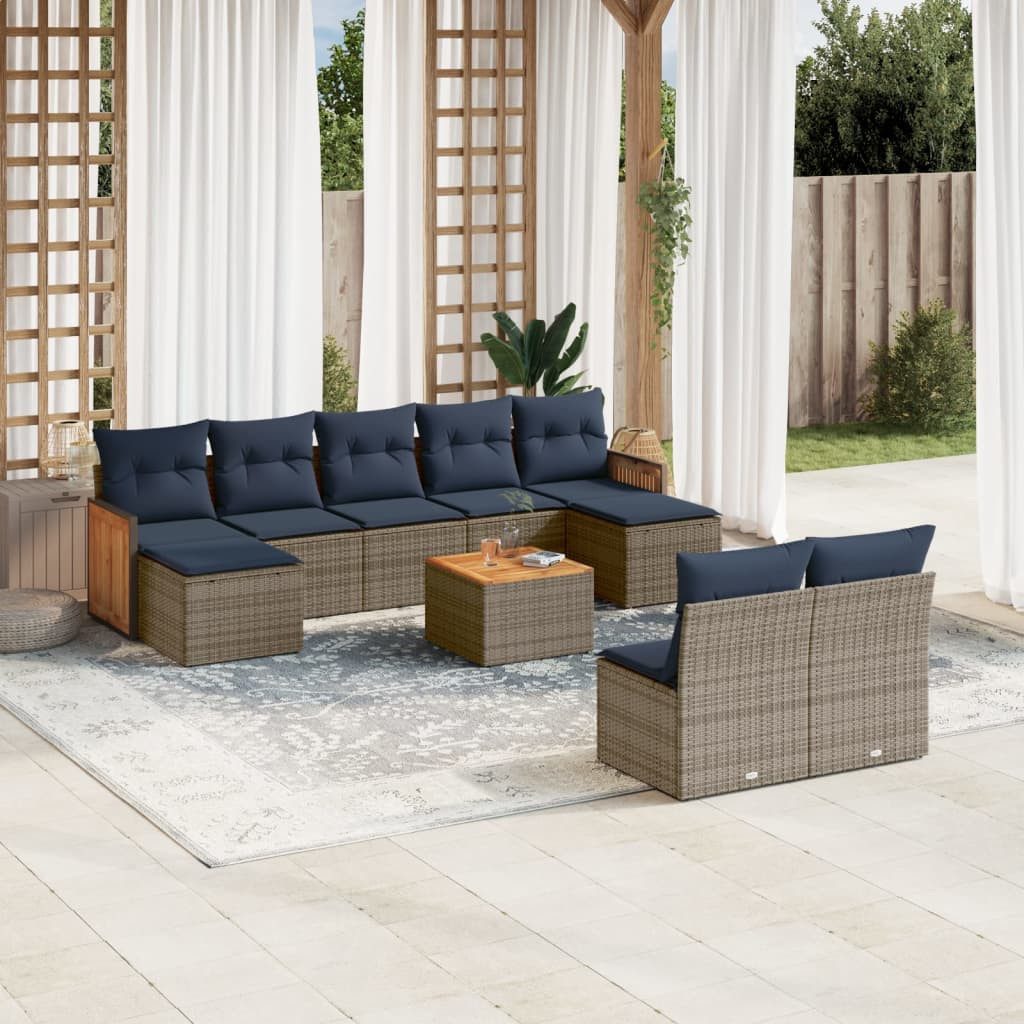 vidaXL 10-teiliges Gartensofa-Set mit Kissen, grau, Polyrattan