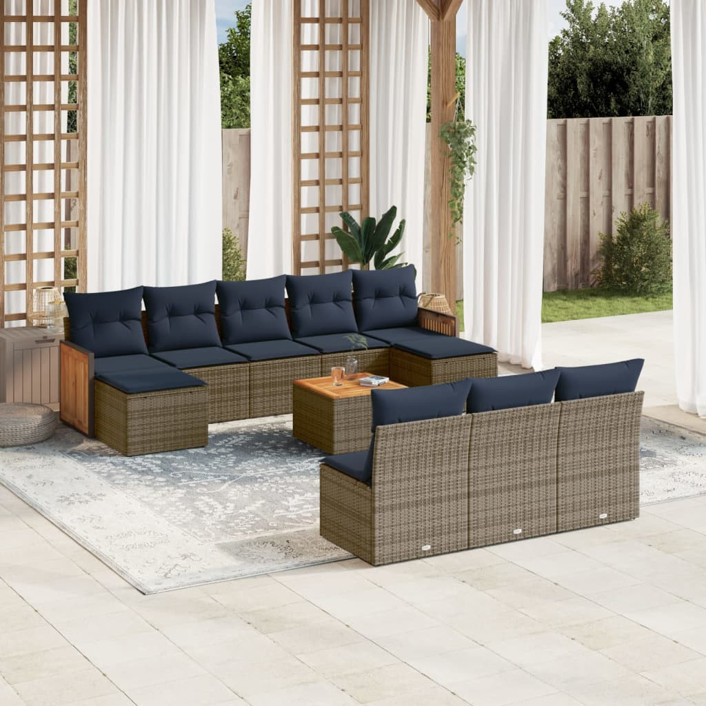 vidaXL 11-teiliges Gartensofa-Set mit Kissen, grau, Polyrattan