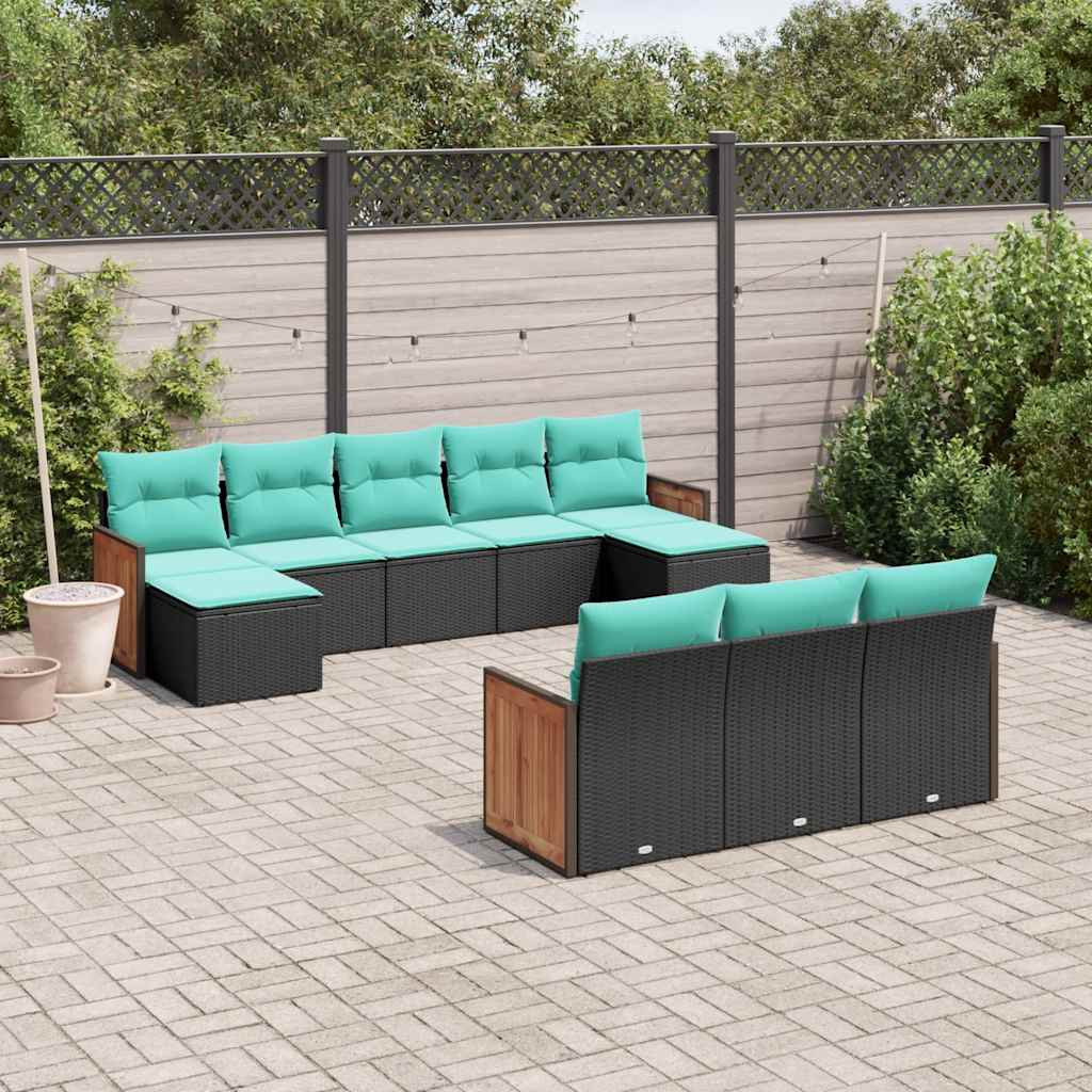 vidaXL 10-teiliges Gartensofa-Set mit Kissen, schwarzes Polyrattan