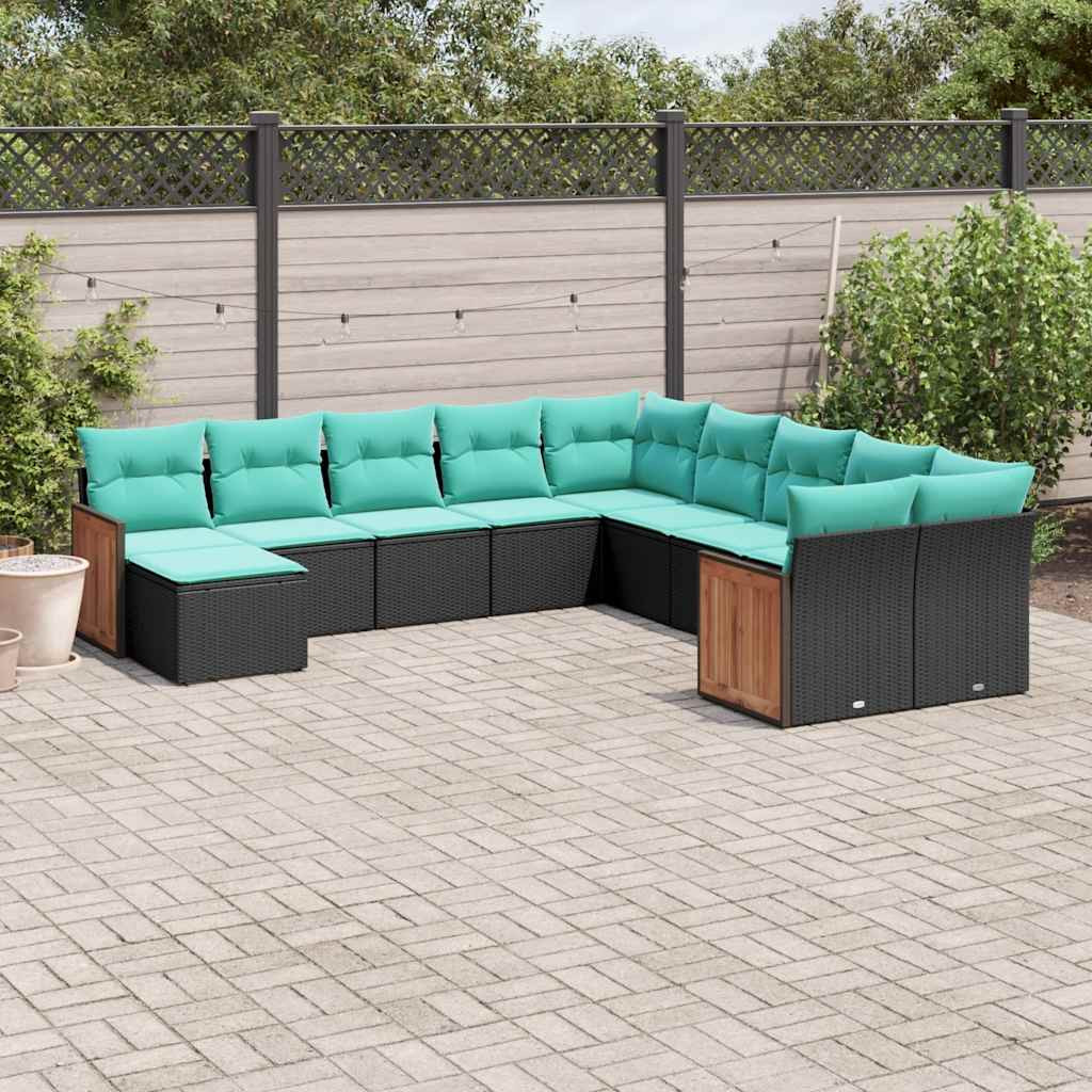 vidaXL 11-teiliges Gartensofa-Set mit Kissen, schwarzes Polyrattan