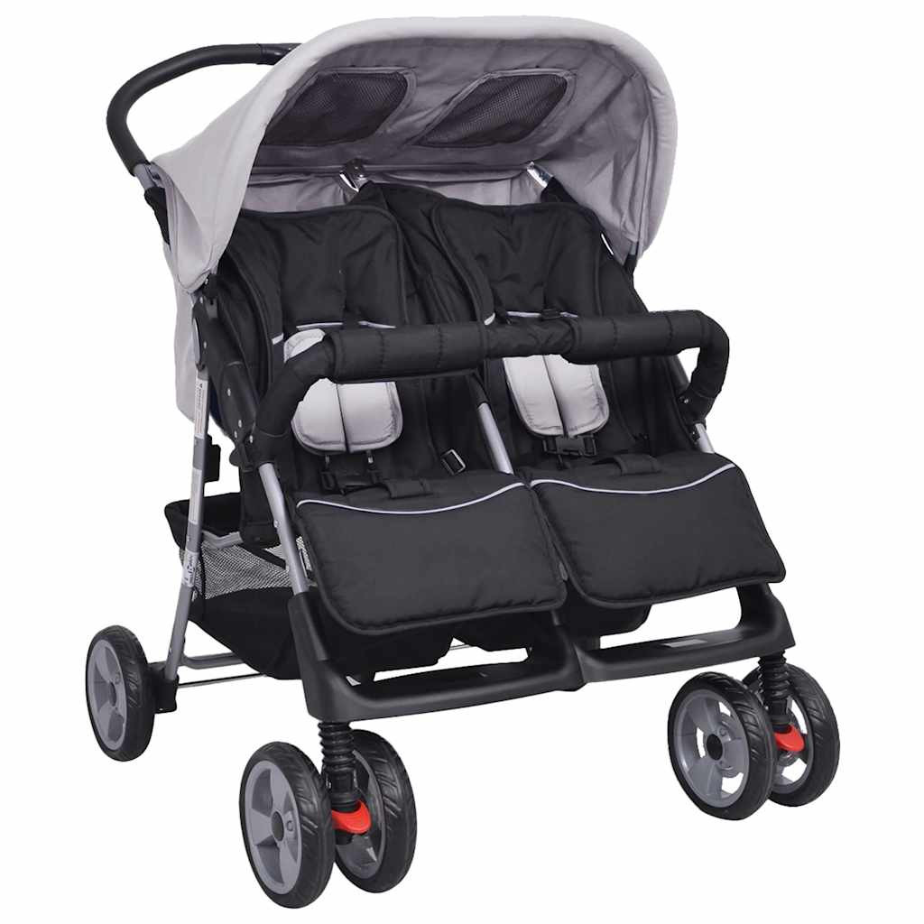 vidaXL Zwillingskinderwagen Stahl Grau und Schwarz