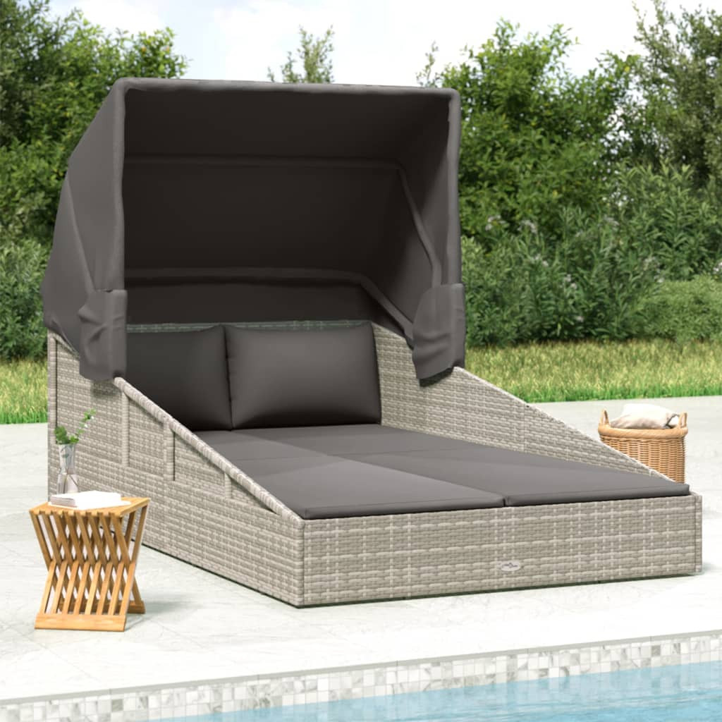vidaXL Sonnenliege mit Faltdach Grau 200x114x128 cm Poly Rattan