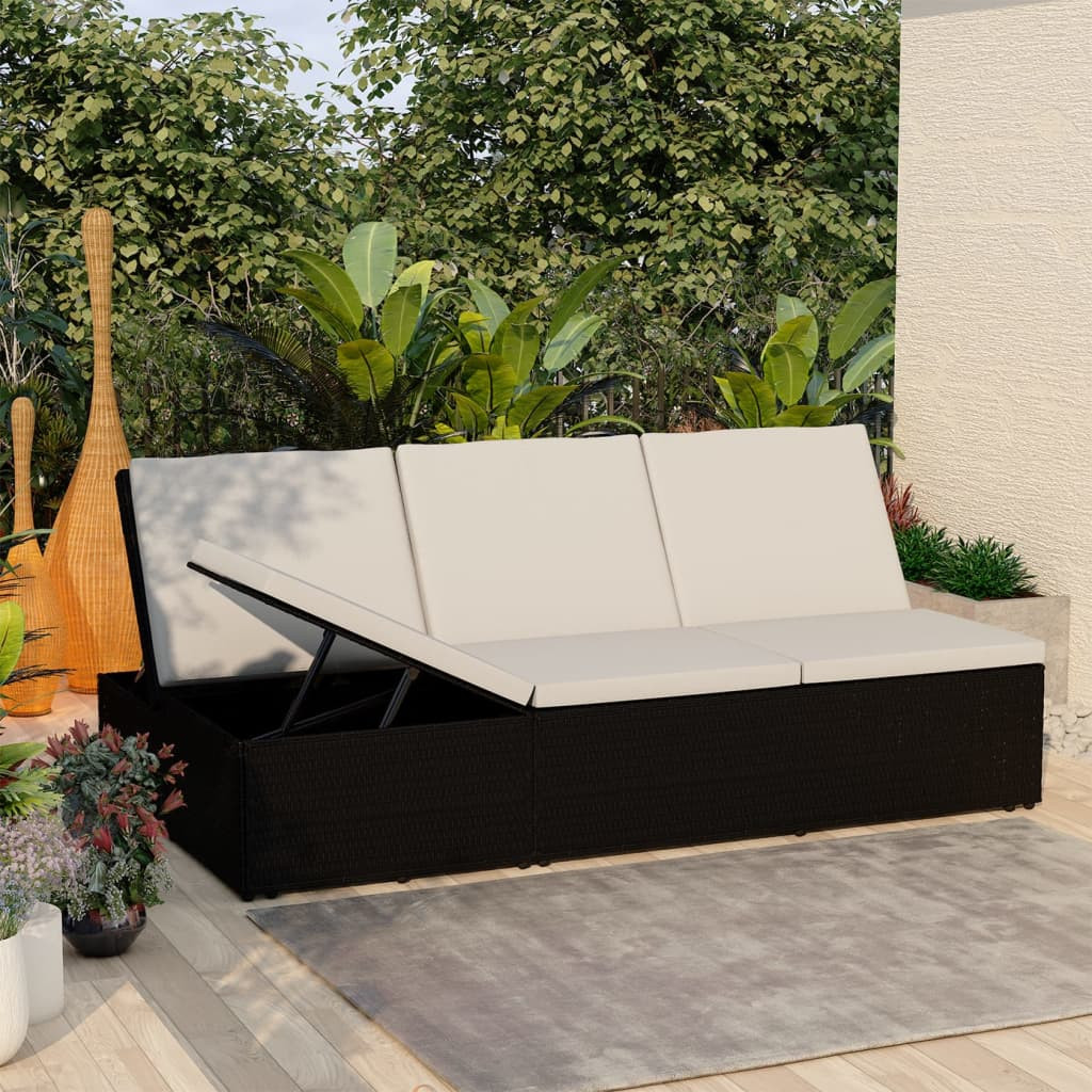 vidaXL Sonnenliege mit Auflage Poly Rattan Schwarz