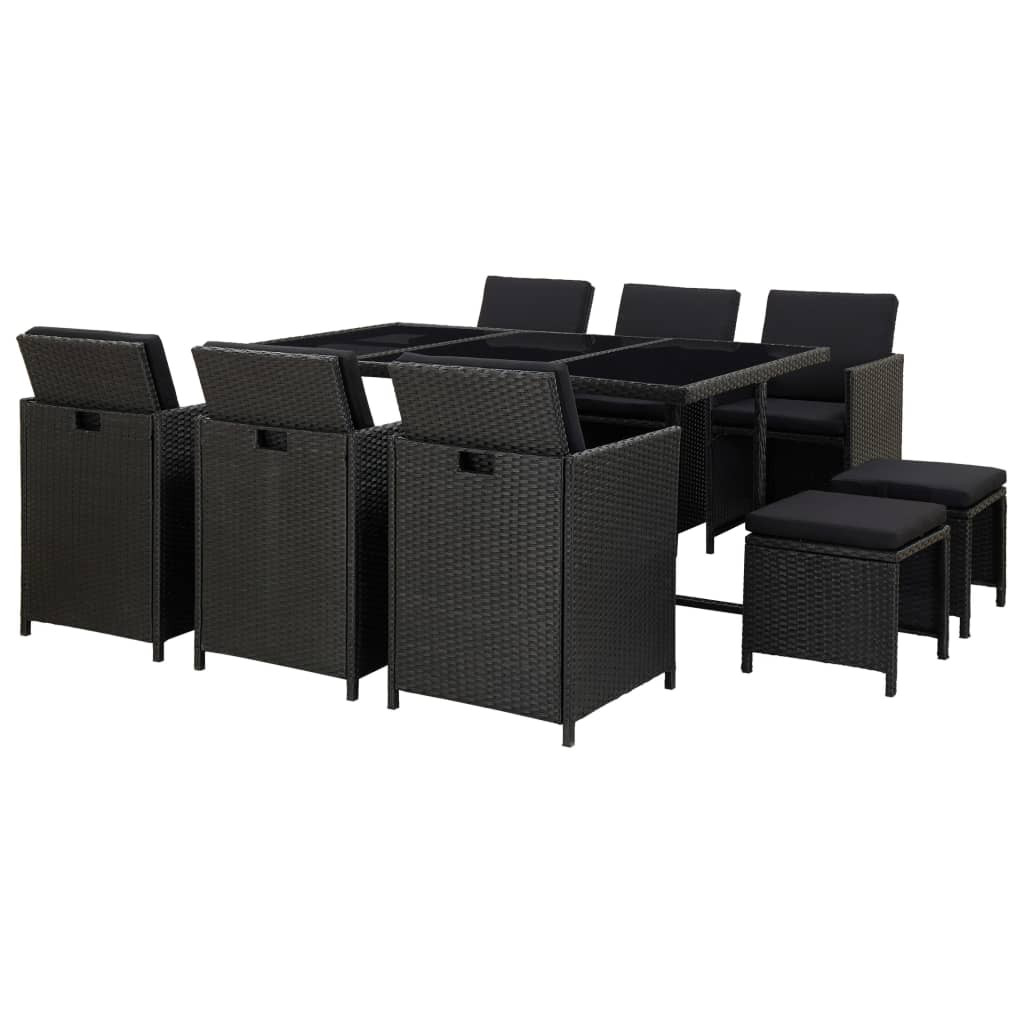 vidaXL 11-tlg. Garten-Essgruppe mit Auflagen Poly Rattan Schwarz
