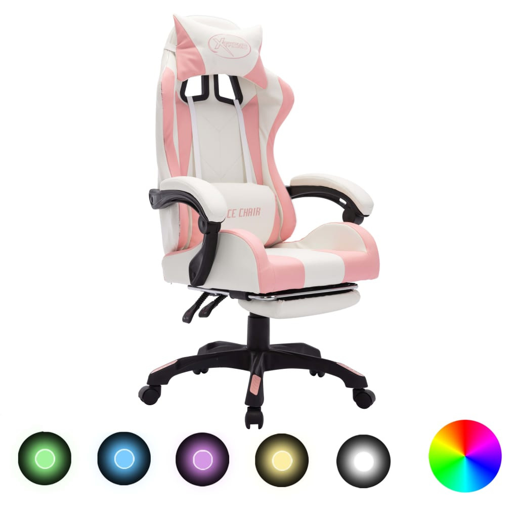 vidaXL Gaming-Stuhl mit RGB LED-Leuchten Rosa und Weiß Kunstleder