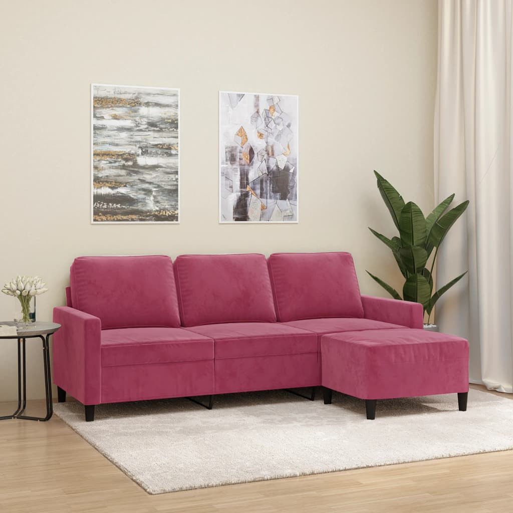 vidaXL 3-Sitzer-Sofa mit Hocker Weinrot 180 cm Samt