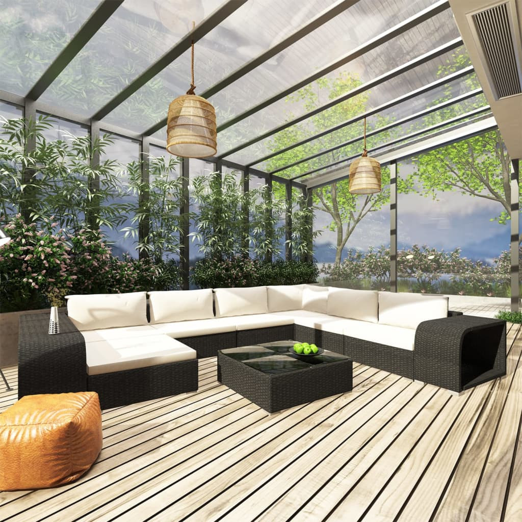 vidaXL 10-tlg. Garten-Lounge-Set mit Auflagen Poly Rattan Schwarz
