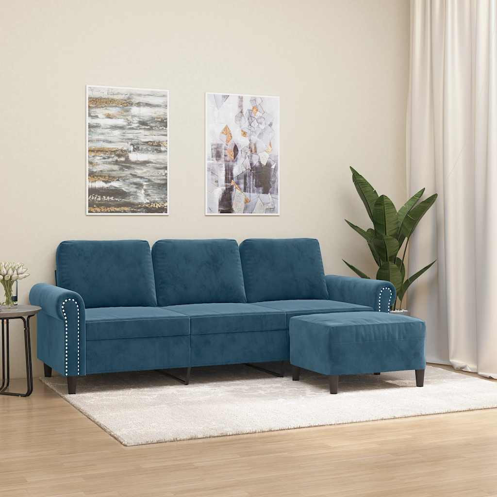 vidaXL 3-Sitzer-Sofa mit Hocker Blau 180 cm Samt