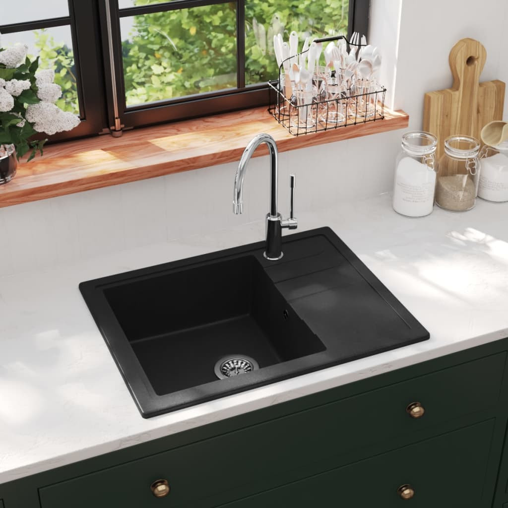 vidaXL Küchenspüle mit Überlauf Oval Schwarz Granit