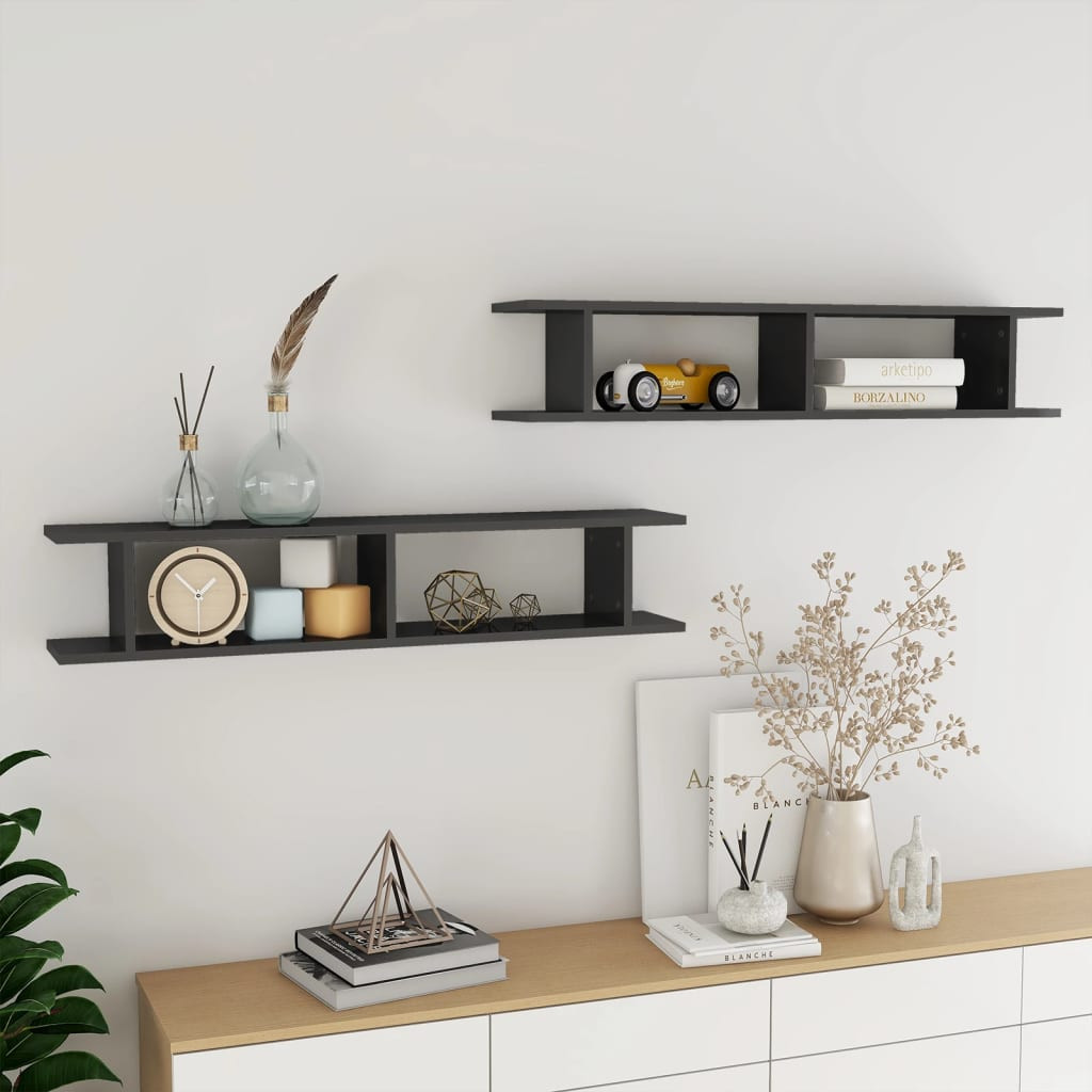 vidaXL Wandregale 2 Stk. Hochglanz-Grau 105x18x20 cm Holzwerkstoff