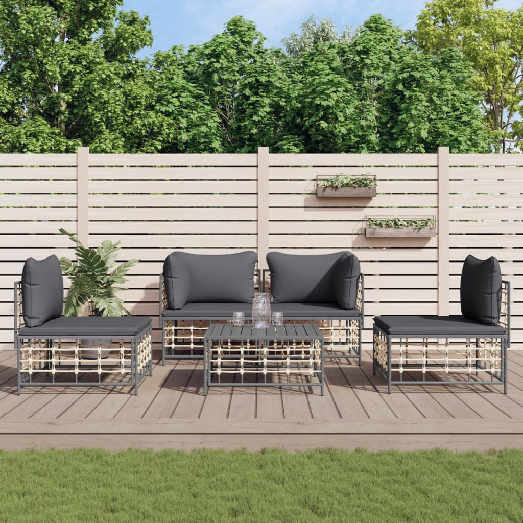 vidaXL 5-tlg. Garten-Lounge-Set mit Kissen Anthrazit Poly Rattan